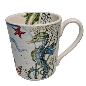 Pier 1 Sea Life Ironstone Mug Seahorse Octopus Crab Watercolor Nautical MINT